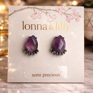 Lonna & Lilly Semi-Precious Teardrop Amethyst Purple Stud Earrings NWT Boho Chic